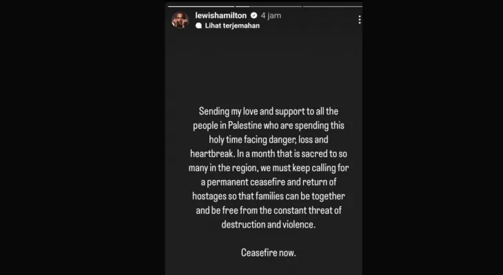 Lewis Hamilton Calls for Ceasefire in Gaza Through Instagram Stories