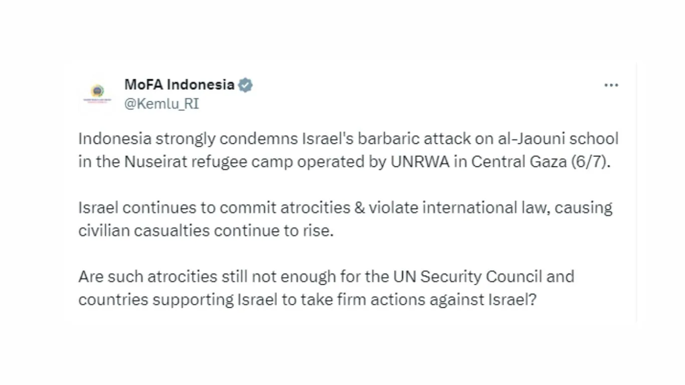 Indonesia Condemns Israeli Attack on al-Jaoni School in Central Gaza